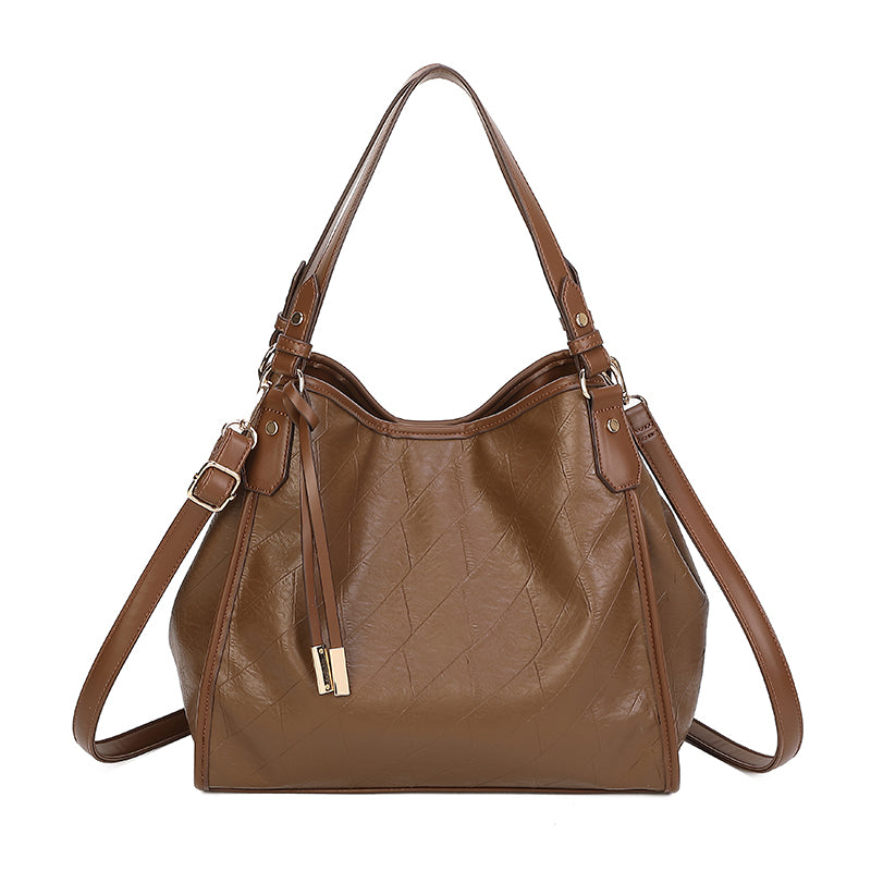 PU Shopping Bag - Textured Brown Tote Handbag