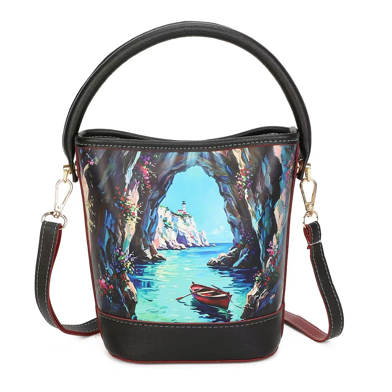 Mini Bucket Bag for Women - Printed Summer Crossbody with Top Handle