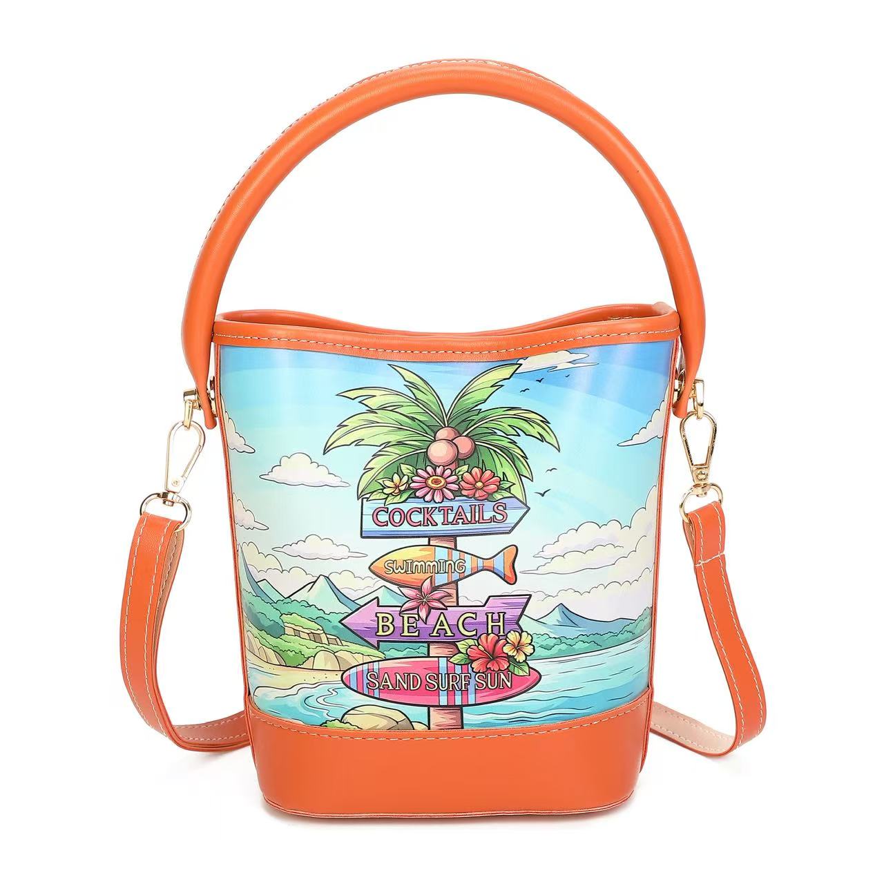 Mini Bucket Bag for Women - Printed Summer Crossbody with Top Handle