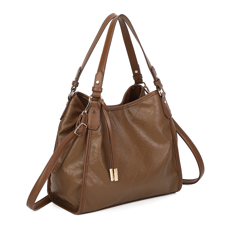 PU Shopping Bag - Textured Brown Tote Handbag